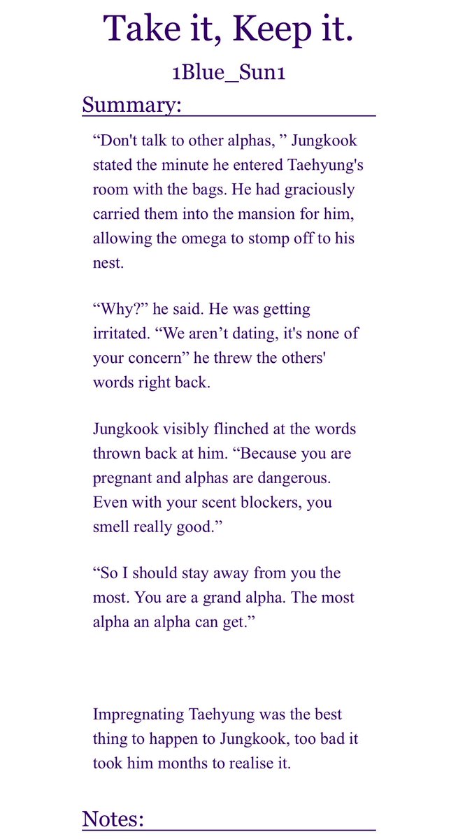 wintaegarden's tweet photo. Take it, Keep it. | 1Blue_Sun1
https://t.co/9tneNe9x9U
✧🍃✧ ——  
♡︎ Alpha Jk | Omega Tae
♡︎ Enemies to lovers
♡︎ Orphan Tae | sweetheart Tae
♡︎ Rich Jk | brat Jk
♡︎ Tae centric
♡︎ One night stand | pregnancy
♡︎ Character development
—— ✧🍃✧ https://t.co/7KfZdiGO1X