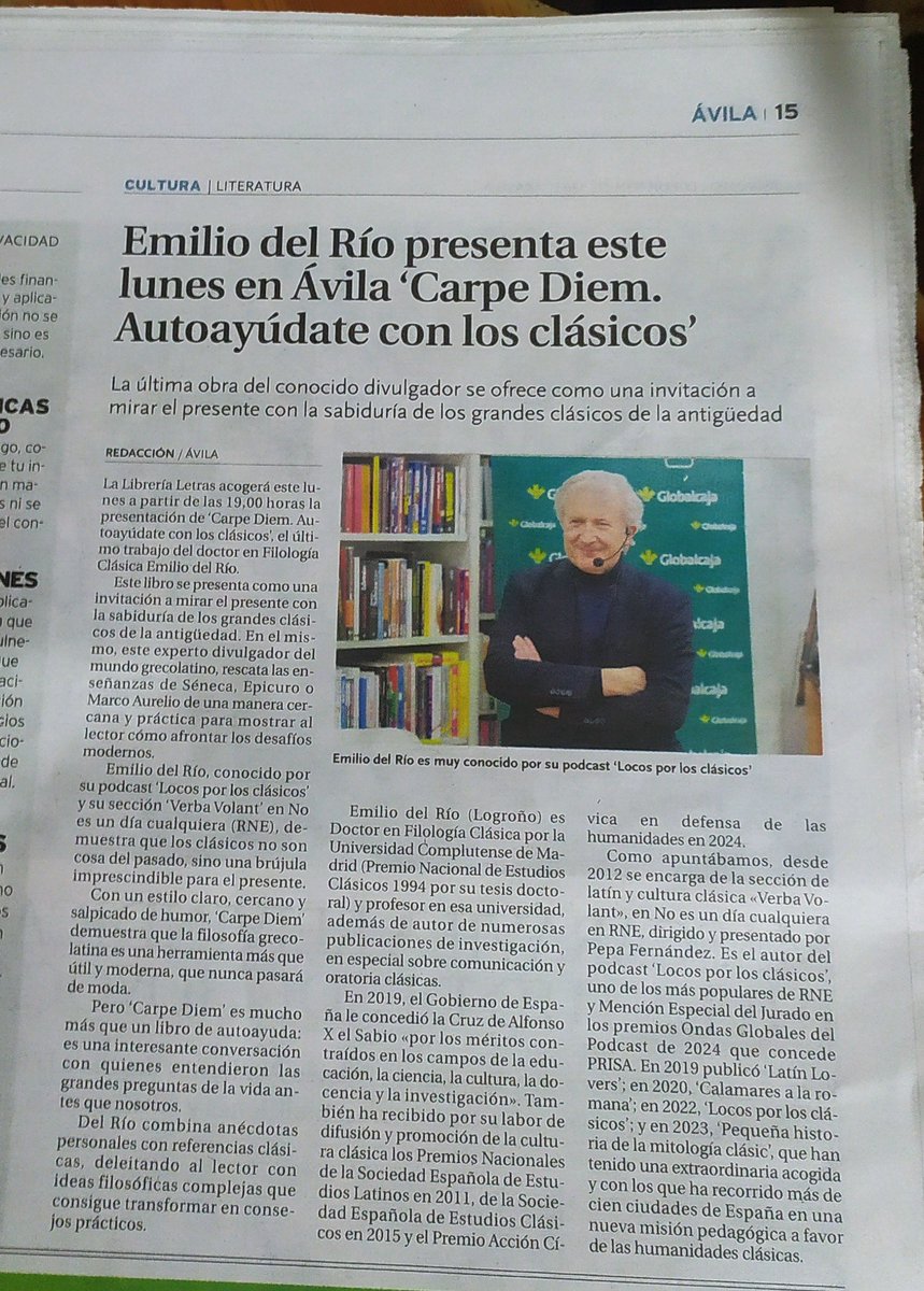 Hoy <a href="/emilio_delrio/">Emilio del Río</a> 🥰 estará a las 19:00h en <a href="/LetrasLibrera/">Librería Letras</a>  #Ávila