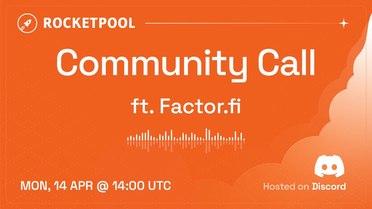 Rocket Pool (@rocket_pool) on Twitter photo Our next Community Call is starting soon, at 2:00pm UTC!
<a href="/Factor_fi/">Factor</a> will share some exciting $rETH DeFi strategies & details about their incentivised feedback campaign.
Download the <a href="/poapxyz/">POAP - Bookmarks for your life</a> Home App & grab a free POAP when you join the call on Discord: discord.gg/rocketpool Our next Community Call is starting soon, at 2:00pm UTC!
<a href="/Factor_fi/">Factor</a> will share some exciting $rETH DeFi strategies & details about their incentivised feedback campaign.
Download the <a href="/poapxyz/">POAP - Bookmarks for your life</a> Home App & grab a free POAP when you join the call on Discord: discord.gg/rocketpool