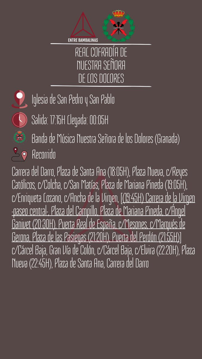 𝗛𝗢𝗥𝗔𝗥𝗜𝗢 𝗘 𝗜𝗧𝗜𝗡𝗘𝗥𝗔𝗥𝗜𝗢 - <a href="/doloresgranada/">Dolores Granada</a>

¡¡Feliz Estación de Penitencia!!

#Dolores_EB #SSantaGr25