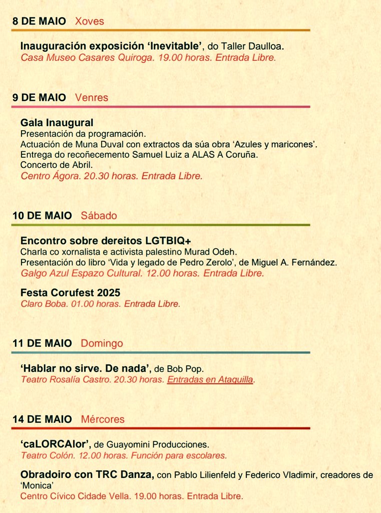 EloyTP's tweet photo. #Coruña - Programación del festival #CoruFest 🏳️‍🌈 que se celebrará entre los días 8 y 18 de mayo.

 #CoruFest2025 🌈🏳️‍⚧️ https://t.co/HH0MwhKmoS