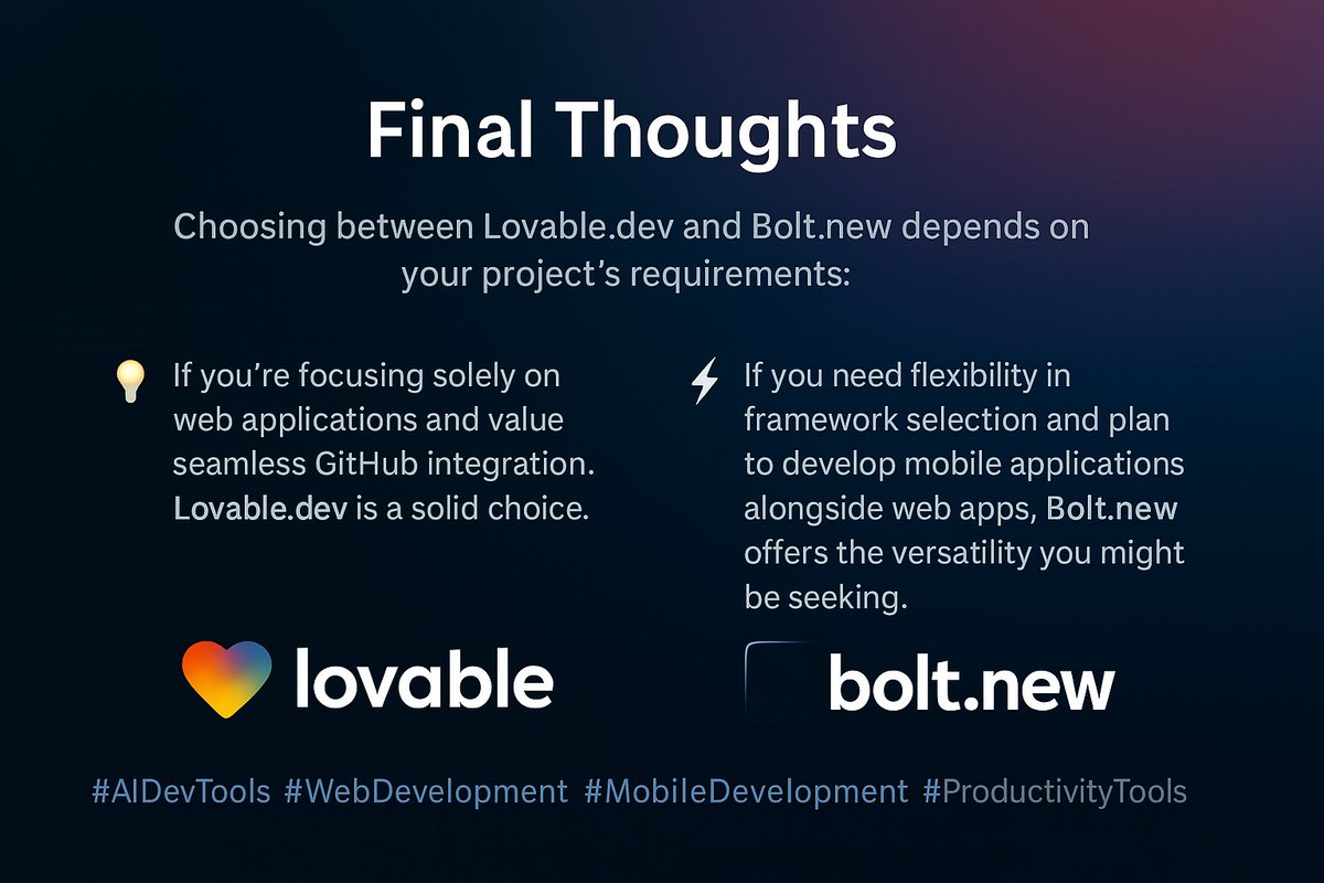 RaktimUx_er's tweet image. The Verdict? Lovable might suit simpler projects or teams prioritizing its specific collaboration features (when mature). Bolt offers more for devs needing framework variety, speed, in-browser editing &amp;amp; deep control. Choose the tool that best fits YOUR system!👇 #AIDevTools #UX