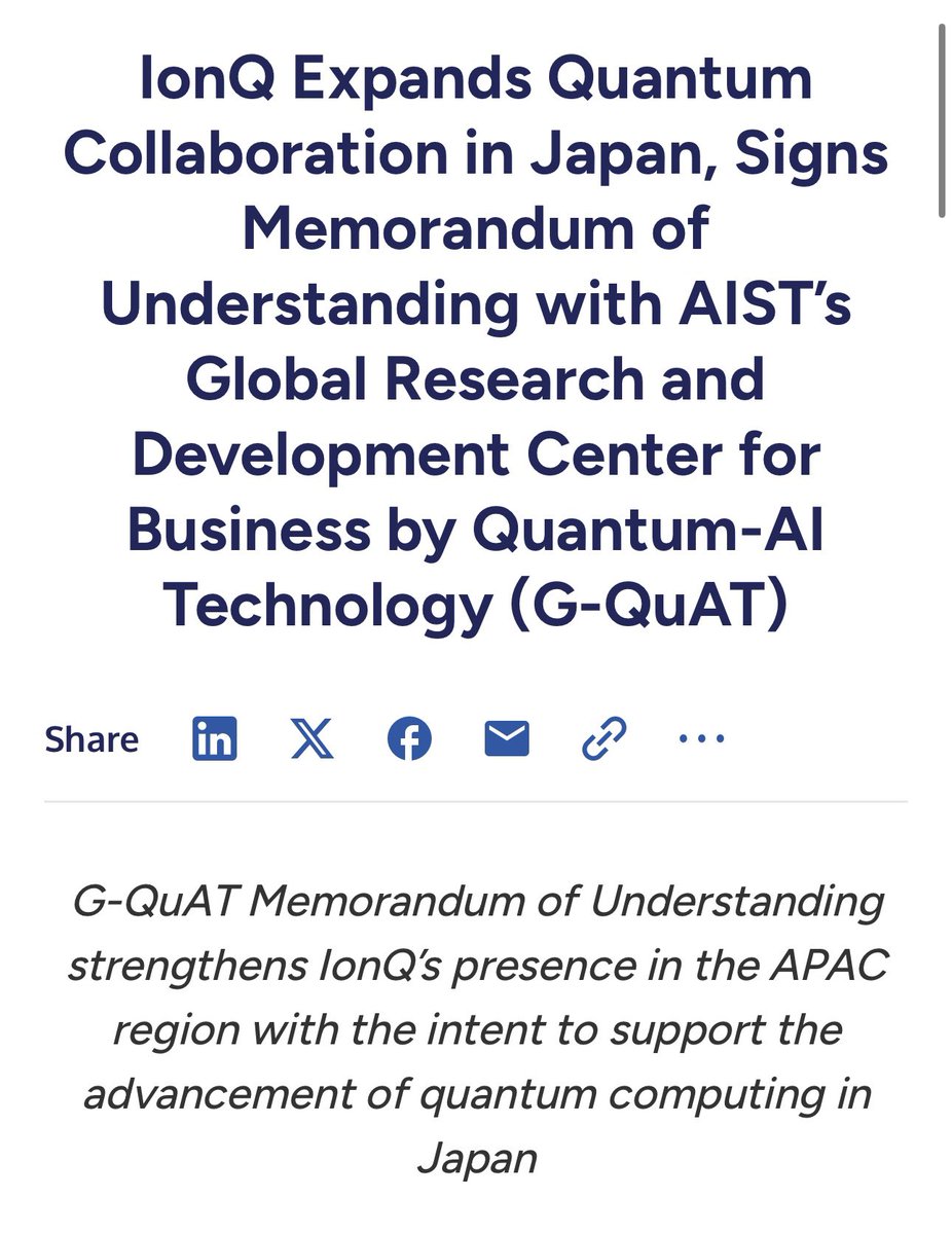 $IONQ SIGNS MOU WITH JAPAN’S G-QuAT TO ADVANCE QUANTUM-AI RESEARCH &amp; PROVIDE ACCESS TO IONQ FORTE SYSTEM  👀