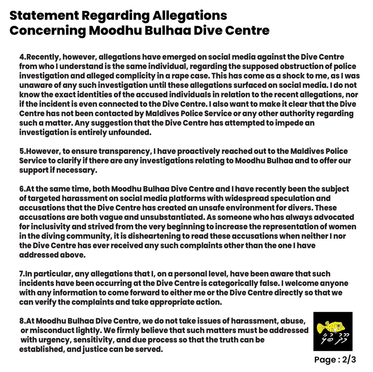 xoooms's tweet photo. Statement Regarding Allegations Concerning Moodhu Bulhaa Dive Centre https://t.co/cqTmwsLNiK