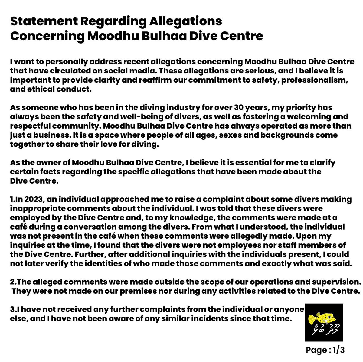 xoooms's tweet photo. Statement Regarding Allegations Concerning Moodhu Bulhaa Dive Centre https://t.co/cqTmwsLNiK