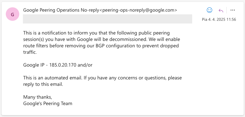 Confirmed: <a href="/Google/">Google</a> is closing Czech Rep. (PRG) and Hungary (BUD) facilities - means no peering and PNI anymore. The first peering port at Peering.cz is already down from 2025-04-02.

This will make 4 neighbouring countries without any peering option (SK,CZ,AU,HU).