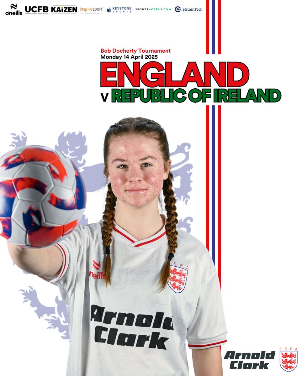 💥GAME DAY💥

Good luck to the England U15 Schoolgirls in their first game against the Republic of Ireland in the SAFIB Bob Docherty Tournament! ⚽🏆

📆 Monday 14th April
📍 Greenisland FC
⏰ 3:30 Pm KO

<a href="/ONeillsSportsUK/">O'Neills Sportswear UK</a>, <a href="/ArnoldClark/">Arnold Clark</a>, <a href="/ucfb/">University Campus of Football Business</a>, <a href="/inspiresport/">inspiresport</a>, Keystone Sports,