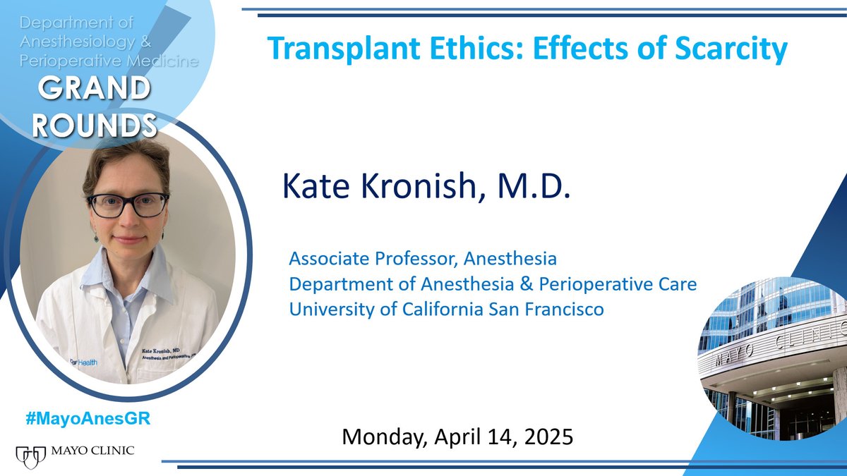Mayo Clinic Department of Anesthesiology (@mayoanesthesia) on Twitter photo #MayoAnesGR is about to begin. Drs. Kate Kronish & Dieter Adelmann will present:
"Transplant Ethics: Effects of Scarcity"
"Without Data, You're Just Another Person w/ an Opinion:Leveraging Clinical Data to Improve Outcomes in Abdominal Transplantation"
<a href="/mollymhherr/">Molly Herr</a> @juangripoll1 #MayoAnesGR is about to begin. Drs. Kate Kronish & Dieter Adelmann will present:
"Transplant Ethics: Effects of Scarcity"
"Without Data, You're Just Another Person w/ an Opinion:Leveraging Clinical Data to Improve Outcomes in Abdominal Transplantation"
<a href="/mollymhherr/">Molly Herr</a> @juangripoll1