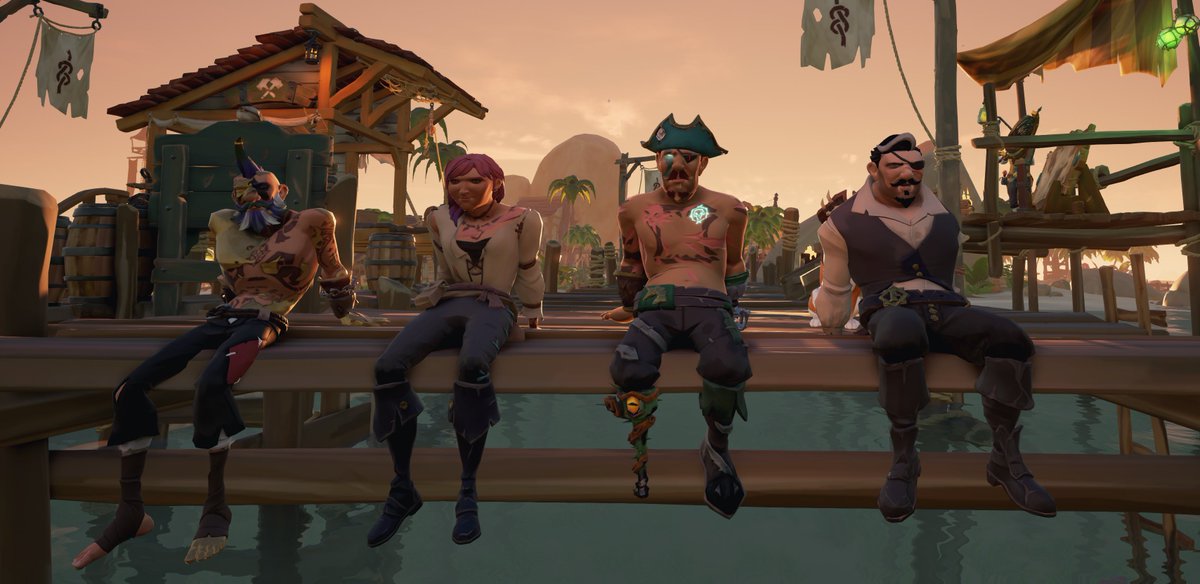 Capt_Ballzonia's tweet image. Just some Pirate hobos chillin on the dock after another great adventure on the @SeaOfThieves 
This was @ClappyVonTrappe maiden voyage with 🗡️ 🥪 crew @HansSprungfild  @sharp2kn6 #WildThings #Season15