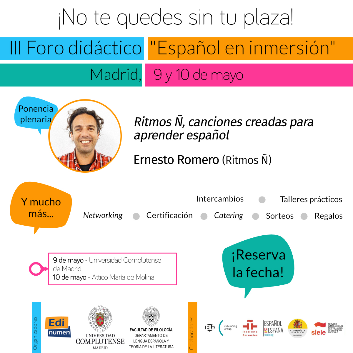 Edinumen's tweet image. ▶️ TALLERES III Foro didáctico "Español en inmersión"

🎤 Ritmos Ñ, canciones creadas para aprender español
👤 Ernesto Romero (@Ritmosele)

🤝 @LenguaUcm @compluele @InstCervantes @federacionele @SIELE_org @ELI_Edizioni 

 🔗edinumen.es/materiales/for…