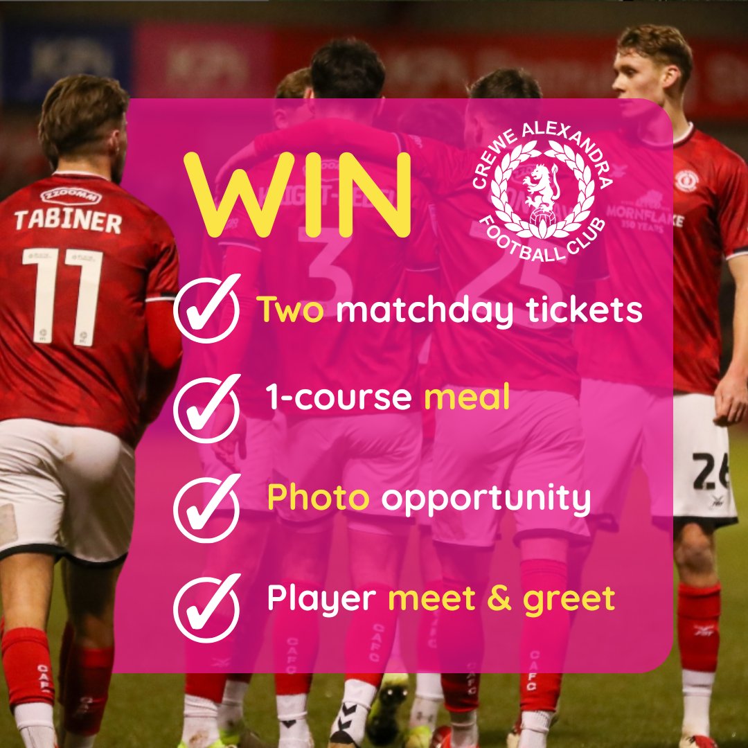 🎉 Score big this bank holiday! 🎟️

We’ve teamed up with <a href="/crewealexfc/">Crewe Alexandra</a>  to give you the chance to win an unforgettable matchday experience on 21st April (Bank Holiday)! 🏆🔥

The prize includes:
✅ 2 FREE tickets 
🍽️ 1-course meal
📸 Photo opportunity
🤝 Meet &amp; Greet with a player