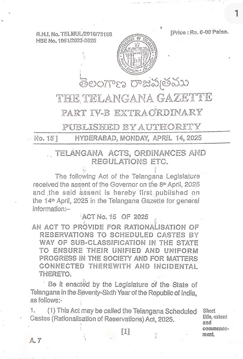 jsuryareddy's tweet photo. #Telangana is the first state in India to implement the revolutionary decision of #SCSubCategorisation on birth anniversary of #DrBRAmbedkar
#Gazette notification with April 14, as appointed day for implementation of SC Sub categorisation (#SCClassification) issued; Recruitment to government jobs would forthwith be based on the #sccategorisation.
The Telangana govt has officially enforced the #ScheduledCaste (Rationalisation of Reservation) Act, 2025, coinciding with the 134th birth anniversary of Dr. B R Ambedkar .
The newly enacted law divides the existing 15 percent SC reservation of the total 59, into 3 distinct groups based on population and socio-economic indicators:
Group 1: 1 percent reservation for 15 sub-castes (3.2% of SC population)
Group 2: 9 percent reservation for 18 sub-castes (62.74% of SC population)
Group 3: 5 percent reservation for 26 sub-castes (33.96% of SC population)