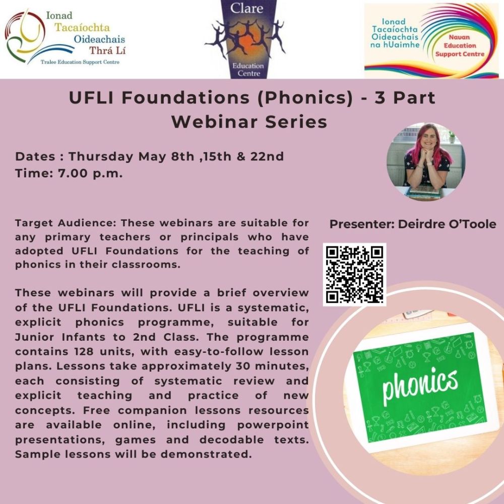 Clare Education Centre (@clareedcentre) on Twitter photo 📢Primary Teachers & Principals
➡️UFLI Foundations (Phonics) - 3 Part Webinar Series
📅Thursday, 8th, 15th & 22nd May 2025
⏲️7pm - 8pm
🗣️Deirdre O'Toole
📌Zoom
💰Free
®️ zoom.us/webinar/regist…
<a href="/TraleeESC/">Tralee Education Support Centre</a> <a href="/NavanESC/">Navan Education Support Centre</a> 📢Primary Teachers & Principals
➡️UFLI Foundations (Phonics) - 3 Part Webinar Series
📅Thursday, 8th, 15th & 22nd May 2025
⏲️7pm - 8pm
🗣️Deirdre O'Toole
📌Zoom
💰Free
®️ zoom.us/webinar/regist…
<a href="/TraleeESC/">Tralee Education Support Centre</a> <a href="/NavanESC/">Navan Education Support Centre</a>