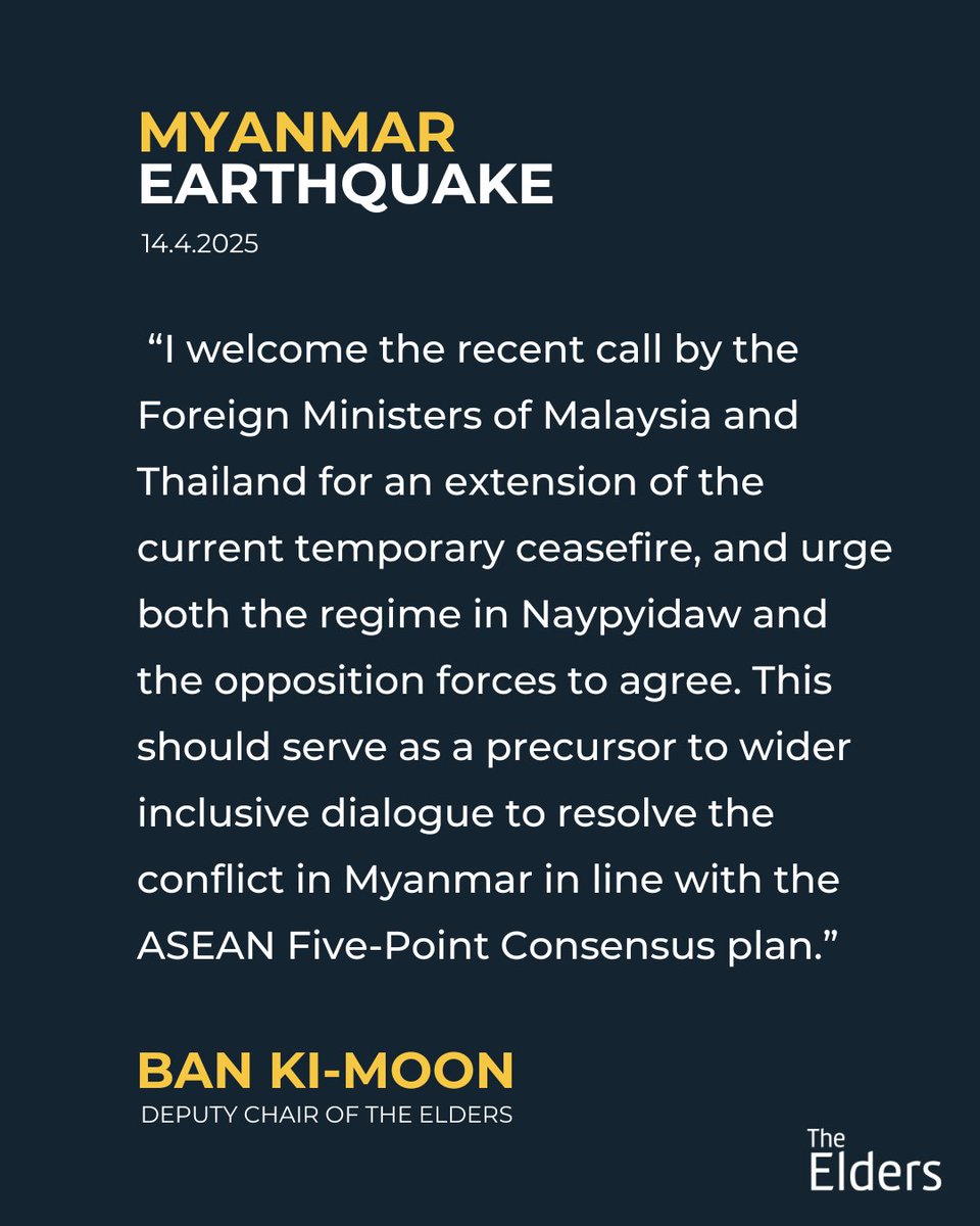 As #Myanmar’s people suffer the devastating effects of the recent earthquake, Ban Ki-moon condemns continued air strikes by the military regime against civilian targets and urges all parties, including regional states, to cooperate to provide full humanitarian access.