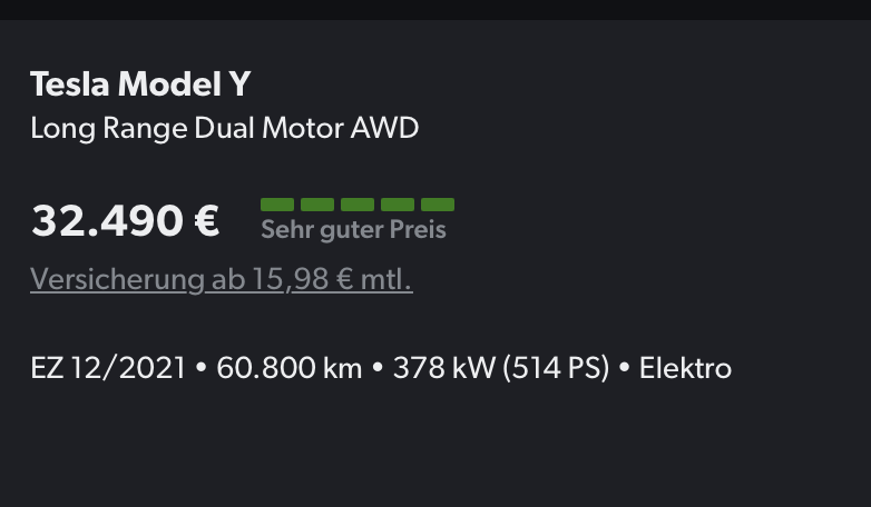 Nehmen wir einen Tesla mit demselben Baujahr und ähnlicher Laufleistung.
(mehr Platzangebot und bessere Performance)

Wertverlust pro gefahrenem Kilometer: 0,49 EUR

📊Ergo:
Wer Geld verlieren will, kauft Audi.
Wer Geld gewinnen will, kauft Tesla.
