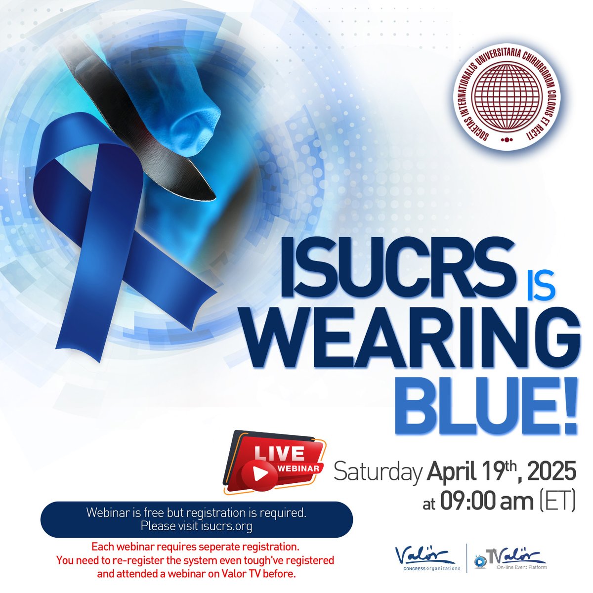 ISUCRS1's tweet image. 🟦 ISUCRS is Wearing Blue! Join us on April 19th at 09:00 am (ET) for a live webinar raising awareness for colon cancer.
🎙️ Talks by global experts on epidemiology, colonoscopy &amp;amp; prevention strategies.

#ColonCancerAwareness #ISUCRS #WearingBlue #Colonoscopy