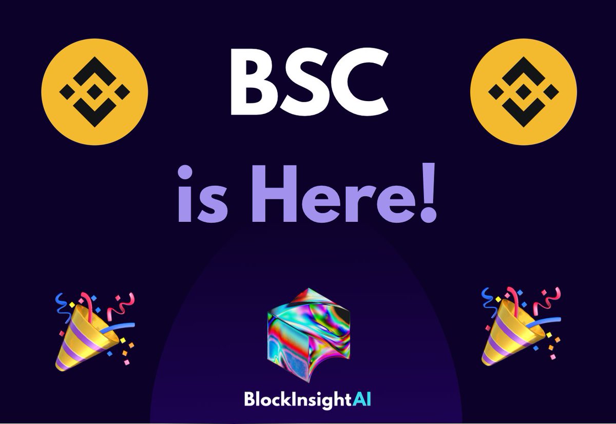 BlockInsightAI's tweet photo. BSC is Here: Expanding Our Capabilities to New Heights!

We’re thrilled to announce that BlockInsightAI now supports BSC transactions analysis, carrying our proven success on Ethereum over to the BSC network. Our Explore Wallets page and Wallet Analyzer page are live, backed by data from over 80,000 wallets on BSC. Plus, our signal and autobot technologies are rolling out in beta this week! During this beta phase, feel free to explore and leverage our top-performing “Alpha Wallets” for free on the Explore Page.

What’s more, while expanding on BSC, we discovered a way to speed up our wallet analysis by 50–65%, a breakthrough that will also significantly enhance our performance on Ethereum.

At BIAI, we’re constantly pushing our limits to bring you even better features. Stay tuned—exciting updates are on the horizon!

https://t.co/5IYsFnYtTA

https://t.co/NzRExMZwL8
