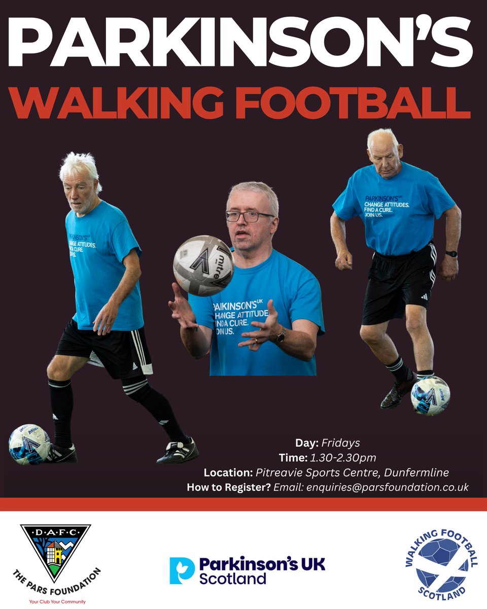The PARS Foundation (@parsfoundation) on Twitter photo Parkinson's Walking Football ⚽
Do you currently live with Parkinson's or know someone with the condition?
We have the perfect session for you to meet new people & stay physically active.
Email: enquiries@parsfoundation.co.uk to register your interest today. Parkinson's Walking Football ⚽
Do you currently live with Parkinson's or know someone with the condition?
We have the perfect session for you to meet new people & stay physically active.
Email: enquiries@parsfoundation.co.uk to register your interest today.