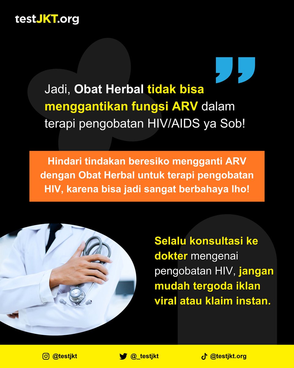ARV vs Obat Herbal: Pilih yang Terbukti, Bukan yang Viral!
Faktanya:
✅ ARV terbukti secara medis bisa menekan jumlah virus HIV sampai tidak terdeteksi.
❌ Obat herbal TIDAK BISA menggantikan ARV.
⚠️ Menghentikan ARV demi herbal bisa sangat berbahaya dan memperparah kondisi!