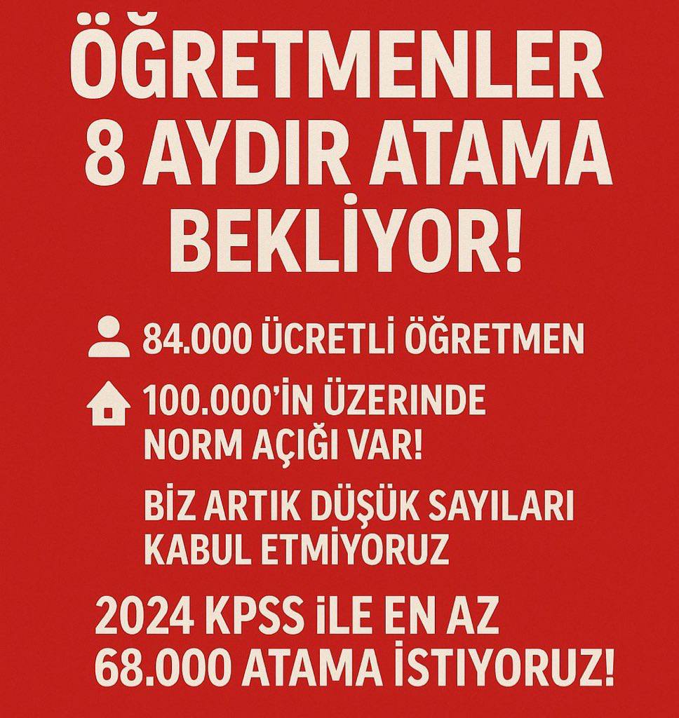 En az 68 bin atama istiyoruz
<a href="/RTErdogan/">Recep Tayyip Erdoğan</a> <a href="/_cevdetyilmaz/">Cevdet Yılmaz</a>
 <a href="/memetsimsek/">Mehmet Simsek</a> <a href="/Yusuf_Tekin/">yusuf tekin</a> <a href="/drmemisoglu/">Prof. Dr. Kemal Memişoğlu</a> <a href="/a_uraloglu/">Abdulkadir URALOĞLU</a> <a href="/omerbolatTR/">Prof. Dr. Ömer Bolat</a> <a href="/ibrahimyumakli/">İbrahim Yumaklı</a> <a href="/mfatihkacir/">Mehmet Fatih KACIR</a> <a href="/AliYerlikaya/">Ali Yerlikaya</a>  <a href="/aBayraktar1/">Alparslan Bayraktar</a> <a href="/HakanFidan/">Hakan Fidan</a> <a href="/isikhanvedat/">Prof. Dr. Vedat Işıkhan</a> <a href="/MahinurOzdemir/">Mahinur Özdemir Göktaş</a> <a href="/yilmaztunc/">Yılmaz TUNÇ</a> <a href="/murat_kurum/">Murat KURUM</a>
#CumhurbaşkanımMEBe68BinAtama
