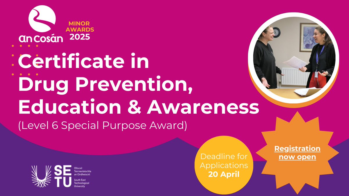 An Cosán (@an_cosan) on Twitter photo Level up your skills before the holidays!
Our 6-week Drug Prevention, Education & Awareness Certificate provides drug prevention programmes & strategies to amplify your positive impact.
🏆 Accredited by <a href="/SETUIreland/">South East Technological University</a>
🚨 Deadline: Sunday April 20
✍️ Register Level up your skills before the holidays!
Our 6-week Drug Prevention, Education & Awareness Certificate provides drug prevention programmes & strategies to amplify your positive impact.
🏆 Accredited by <a href="/SETUIreland/">South East Technological University</a>
🚨 Deadline: Sunday April 20
✍️ Register