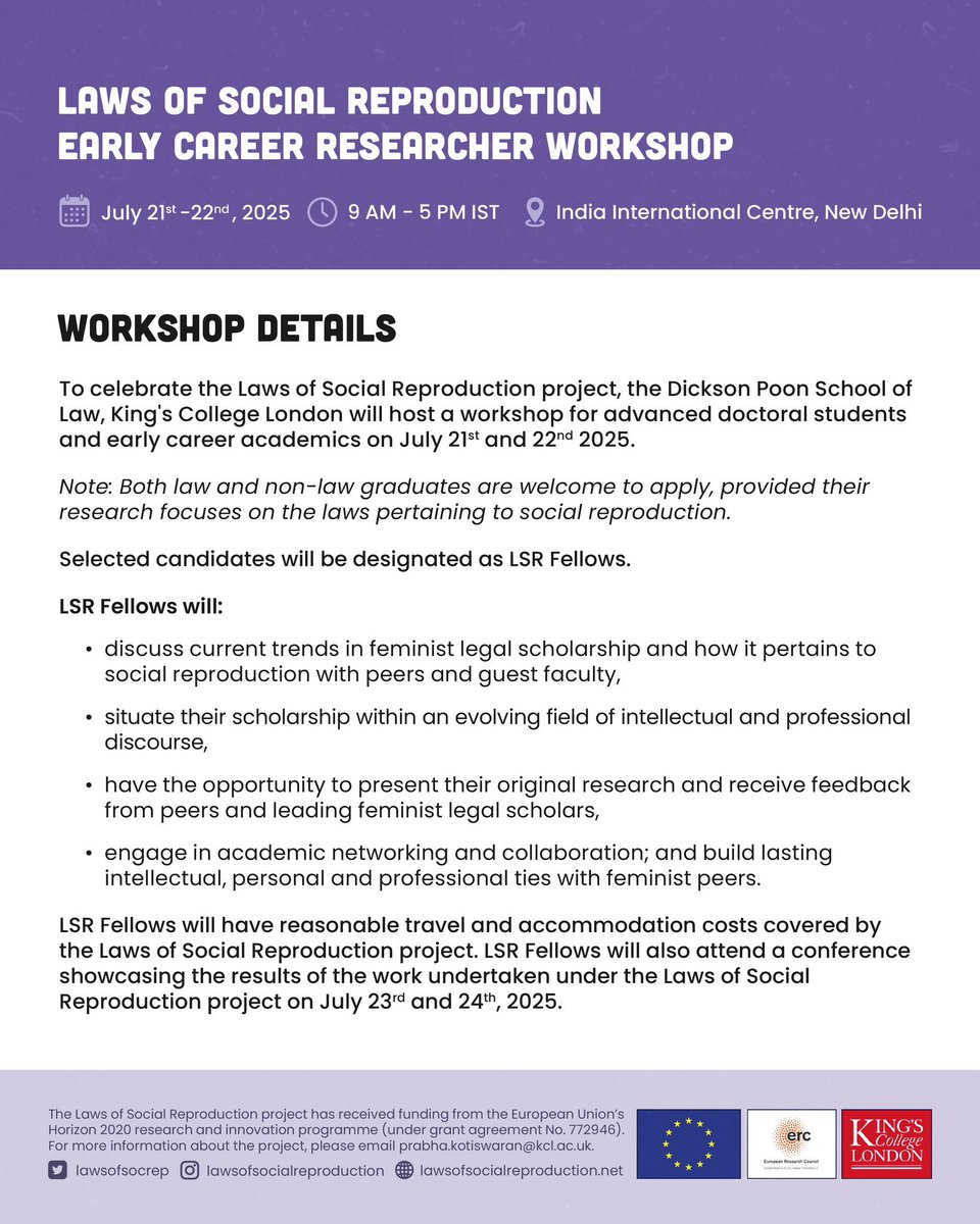 📢 3 DAYS TO GO

Are you 
✅ an advanced doctoral student or early career academic
✅ working on social reproduction laws
✅ based in India 

Our Early Career Researcher Workshop is for you!

Details and form here: tr.ee/AI6nvD5vab
