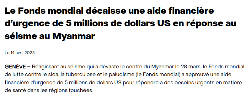 The Global Fund (@globalfund) on Twitter photo Le <a href="/GlobalFund/">The Global Fund</a> a approuvé une aide financière d’urgence de 5 millions $US pour répondre à des besoins urgents en santé à la suite du séisme dévastateur au Myanmar.
Les fonds d’urgence permettront de remettre en état des services de santé essentiels.
theglobalfund.org/fr/news/2025/2… Le <a href="/GlobalFund/">The Global Fund</a> a approuvé une aide financière d’urgence de 5 millions $US pour répondre à des besoins urgents en santé à la suite du séisme dévastateur au Myanmar.
Les fonds d’urgence permettront de remettre en état des services de santé essentiels.
theglobalfund.org/fr/news/2025/2…
