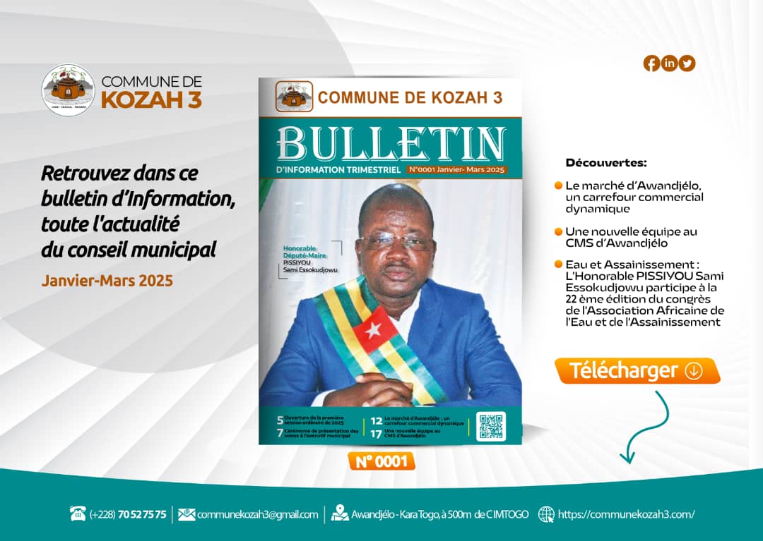 Télécharger gratuitement la version numérique du bulletin d’information trimestriel N°0001 de la commune de Kozah3

Comment télécharger le  fichier? Cliquer sur le lien ci-dessous et suivez les procédures
⤵️
rodico-smma.systeme.io/2b770243

Fructueux début de semaine à toutes et à tous.