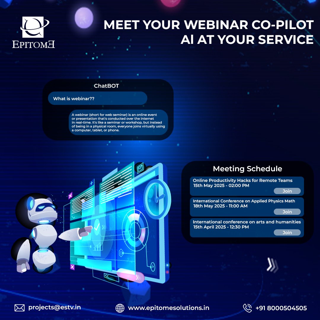 Webinars Reimagined!

Forget boring, one-sided online events. With Epitome Corporation Pvt Ltd, your webinars are smarter, smoother &amp; packed with interaction!

#WebinarRevolution #AudienceEngagement #EventMarketing #OneStepSolution #VirtualEvents #EpitomeSolutions