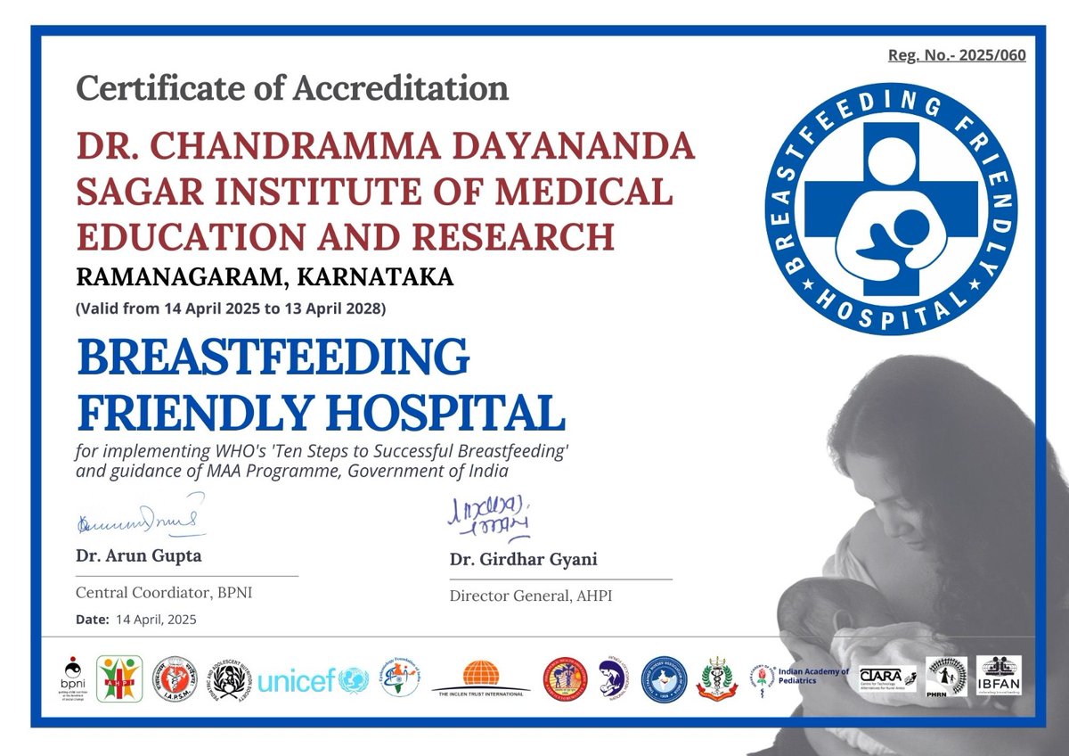 BPNI (@bpniindia) on Twitter photo We are pleased to inform that Dr. Chandramma Dayananda Sagar Institute of Medical Education and Research, Ramanagaram, Karnataka has been accreditated as "Breastfeeding Friendly Hospital" by the National Accreditation Centre.
<a href="/fogsiofficial/">FOGSI</a>
<a href="/UNICEFIndia/">UNICEF India</a>
<a href="/WHO/">World Health Organization (WHO)</a>
<a href="/ahpi_india/">Association of Healthcare Providers (India) - AHPI</a>
<a href="/iapindia/">Indian Academy of Pediatrics (IAP)</a> We are pleased to inform that Dr. Chandramma Dayananda Sagar Institute of Medical Education and Research, Ramanagaram, Karnataka has been accreditated as "Breastfeeding Friendly Hospital" by the National Accreditation Centre.
<a href="/fogsiofficial/">FOGSI</a>
<a href="/UNICEFIndia/">UNICEF India</a>
<a href="/WHO/">World Health Organization (WHO)</a>
<a href="/ahpi_india/">Association of Healthcare Providers (India) - AHPI</a>
<a href="/iapindia/">Indian Academy of Pediatrics (IAP)</a>