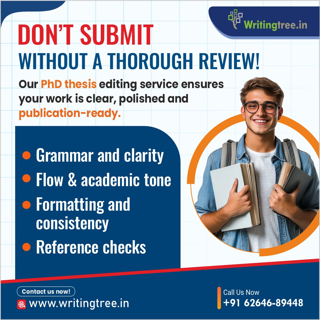 WritingTree1's tweet image. Don’t submit without a thorough review! Our PhD thesis editing support service ensures your work is clear, polished, and publication-ready.

writingtree.in/phd-thesis-wri…

#WritingTree #phdthesiswriting #sresearchpaperwritingservices #phdthesisguidance #thesissolutions #PhDProposal