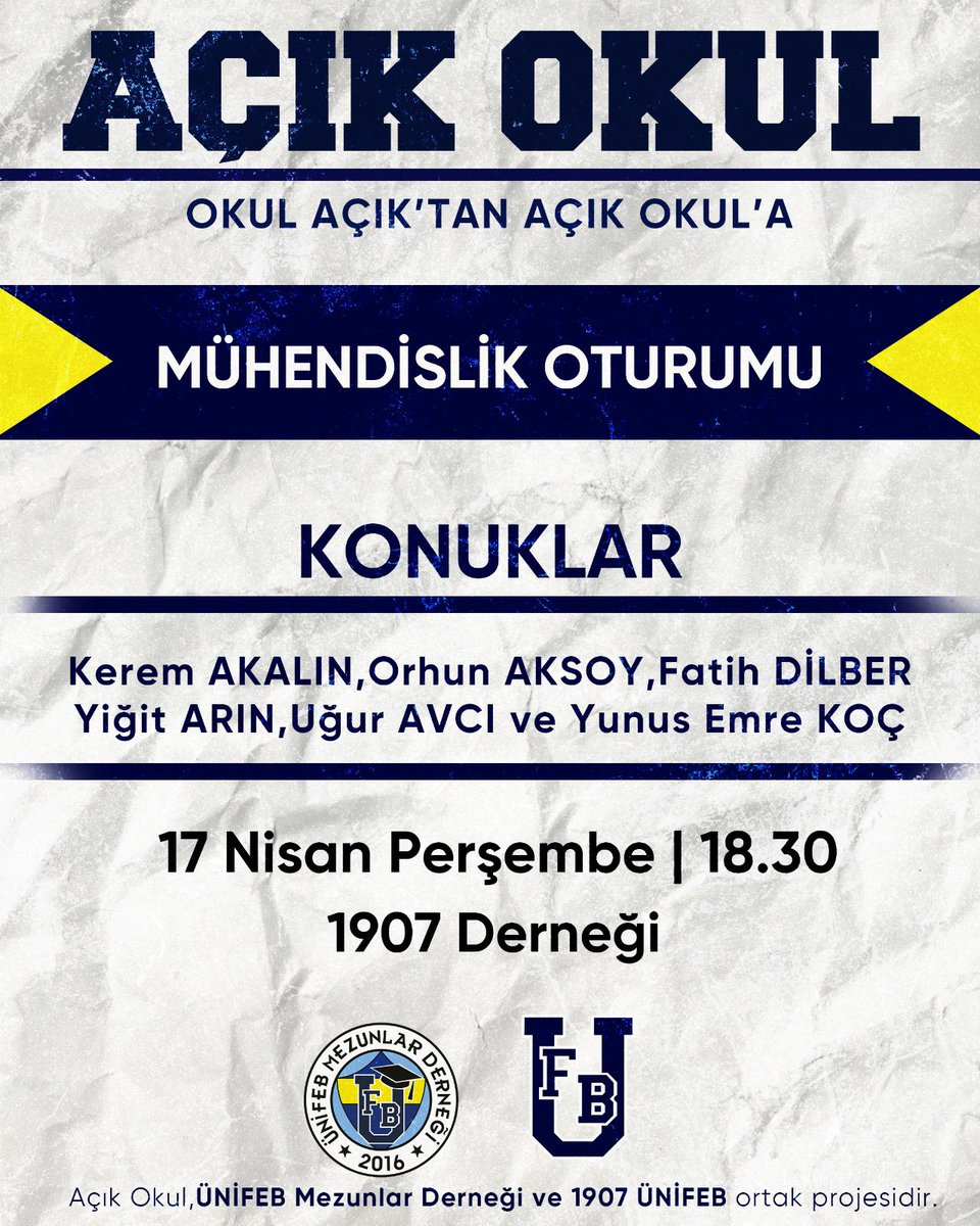 1907 ÜNİFEB (@1907unifeb) on Twitter photo ÜNİFEB Mezunlar Derneği (<a href="/UnifebMezunlari/">ÜNİFEB Mezunlar Derneği</a>) ile ortaklaşa yürüttüğümüz Açık Okul projesi’nin 10. Oturumu Kerem Akalın, Orhun Aksoy, Fatih Dilber, Yiğit Arın, Uğur Avcı ve Yunus Emre Koç’un katılımıyla “Mühendislik" başlığında gerçekleşiyor.
#AçıkOkul ÜNİFEB Mezunlar Derneği (<a href="/UnifebMezunlari/">ÜNİFEB Mezunlar Derneği</a>) ile ortaklaşa yürüttüğümüz Açık Okul projesi’nin 10. Oturumu Kerem Akalın, Orhun Aksoy, Fatih Dilber, Yiğit Arın, Uğur Avcı ve Yunus Emre Koç’un katılımıyla “Mühendislik" başlığında gerçekleşiyor.
#AçıkOkul
