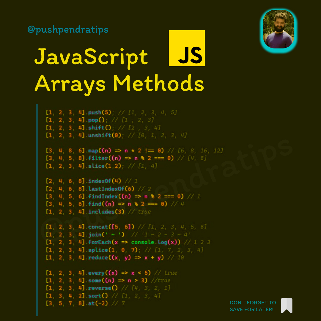 pushpendratips's tweet image. JavaScript
Arrays Methods
#html #css #javascript #TechTips #WebDevelopment #coder #coding #ai #pushpendratips