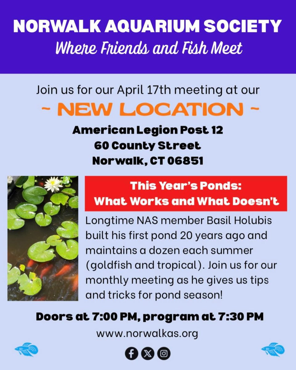 🐟🐟🐟🐟🐟🐟🐟🐟🐟🐟
Norwalk Aquarium Society 
would like to invite everyone for our April 17, 2025 monthly meeting. 
We have a NEW LOCATION.
American Legion Post 12
60 County Street
Norwalk, CT 06851
🐟🐟🐟🐟🐟🐟🐟🐟🐟🐟