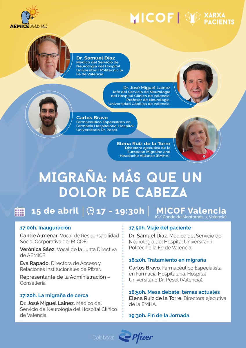 EMHA- European Migraine and Headache Alliance (@emhalliance) on Twitter photo We are pleased to announce that <a href="/ElenaEMHA/">Elena RuizdelaTorre</a> Executive Director of EMHA, will give a talk this 15th of April in Valencia for the conference "Migraña: más que un dolor de cabeza." Don't miss this opportunity to bring forth change!👏 We are pleased to announce that <a href="/ElenaEMHA/">Elena RuizdelaTorre</a> Executive Director of EMHA, will give a talk this 15th of April in Valencia for the conference "Migraña: más que un dolor de cabeza." Don't miss this opportunity to bring forth change!👏