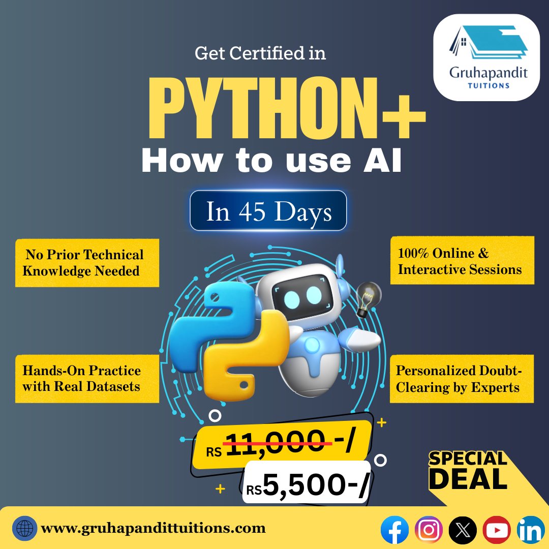 gruhapandi47996's tweet photo. 🧠💻 Want to Learn Python + AI in Just 45 Days?
Get certified with Gruhapandit Tuitions – even if you have zero technical background!
 https://t.co/C0I9Gapqga

#PythonForBeginners #LearnPython #AIforEveryone #PythonTraining #ArtificialIntelligence #CodingBootcamp #OnlineLearning https://t.co/IeyDfWBMVd