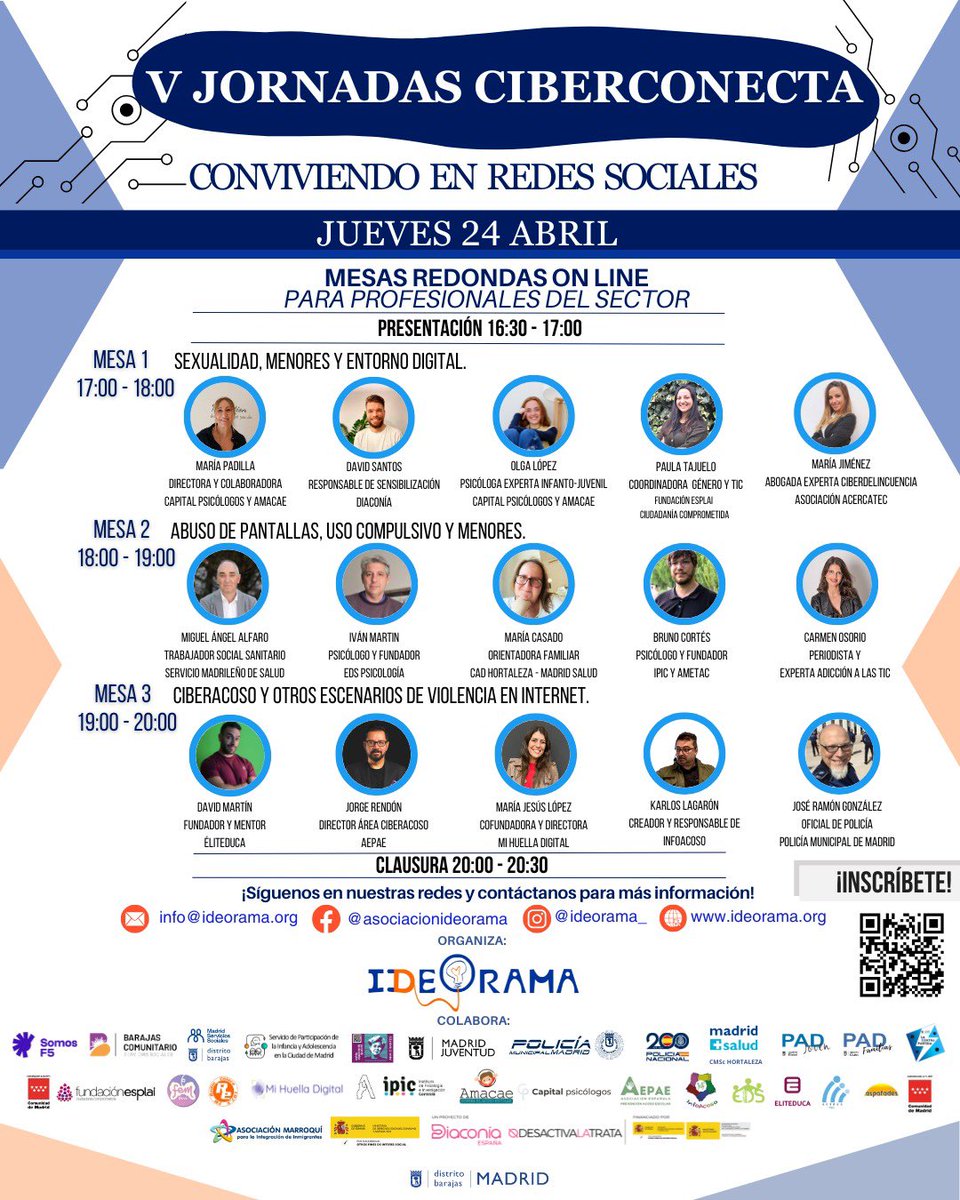 📅 El 24 y 25 de abril se celebra la 5ª Jornada #CiberConecta: “Conviviendo con las redes sociales” organizado por <a href="/Ideorama/">Asociación Ideorama💡</a> 📲✨
👩‍💻 Nuestra CMO y cofundadora, María Jesús López, participará en la mesa redonda sobre ciberacoso y violencia digital junto a otros profesionales.