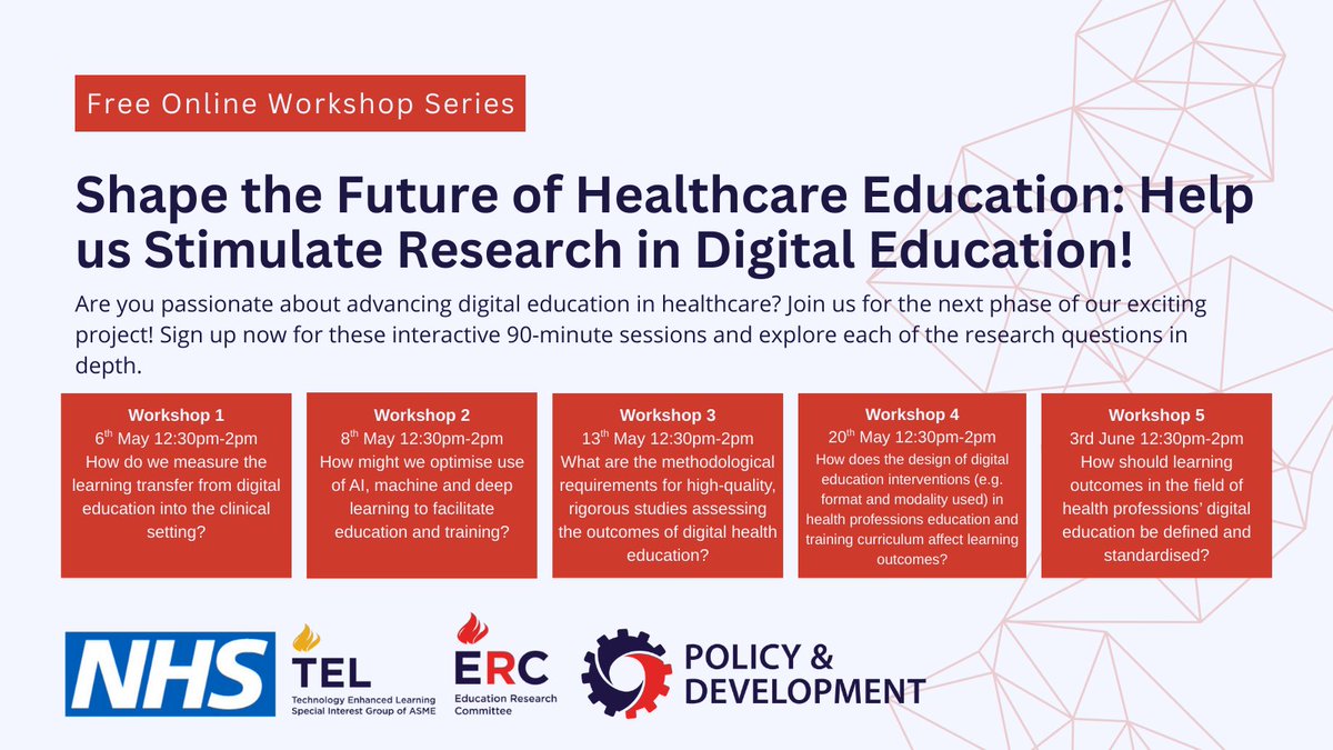 asmeofficial's tweet image. We're excited to announce FIVE new workshops focused on stimulating research in digital healthcare education! 🤩
Join us in May &amp;amp; June to delve into key questions. 
Learn more and register for the sessions that interest you: ow.ly/2H8950VxZFE

#HPE #MedEd #NHSENgland