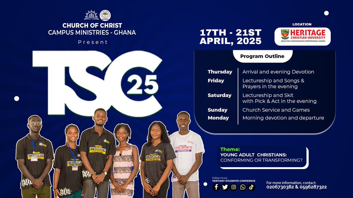COCTSC_gh's tweet photo. Get ready for an unforgettable experience🤩
See you in a few days 💪🏽
Below is the program outline for #tsc25
#tsc25
#TSC2025
#youngchristianadults
#transformnotconform
#discernGodswill https://t.co/3PAIxq70fk