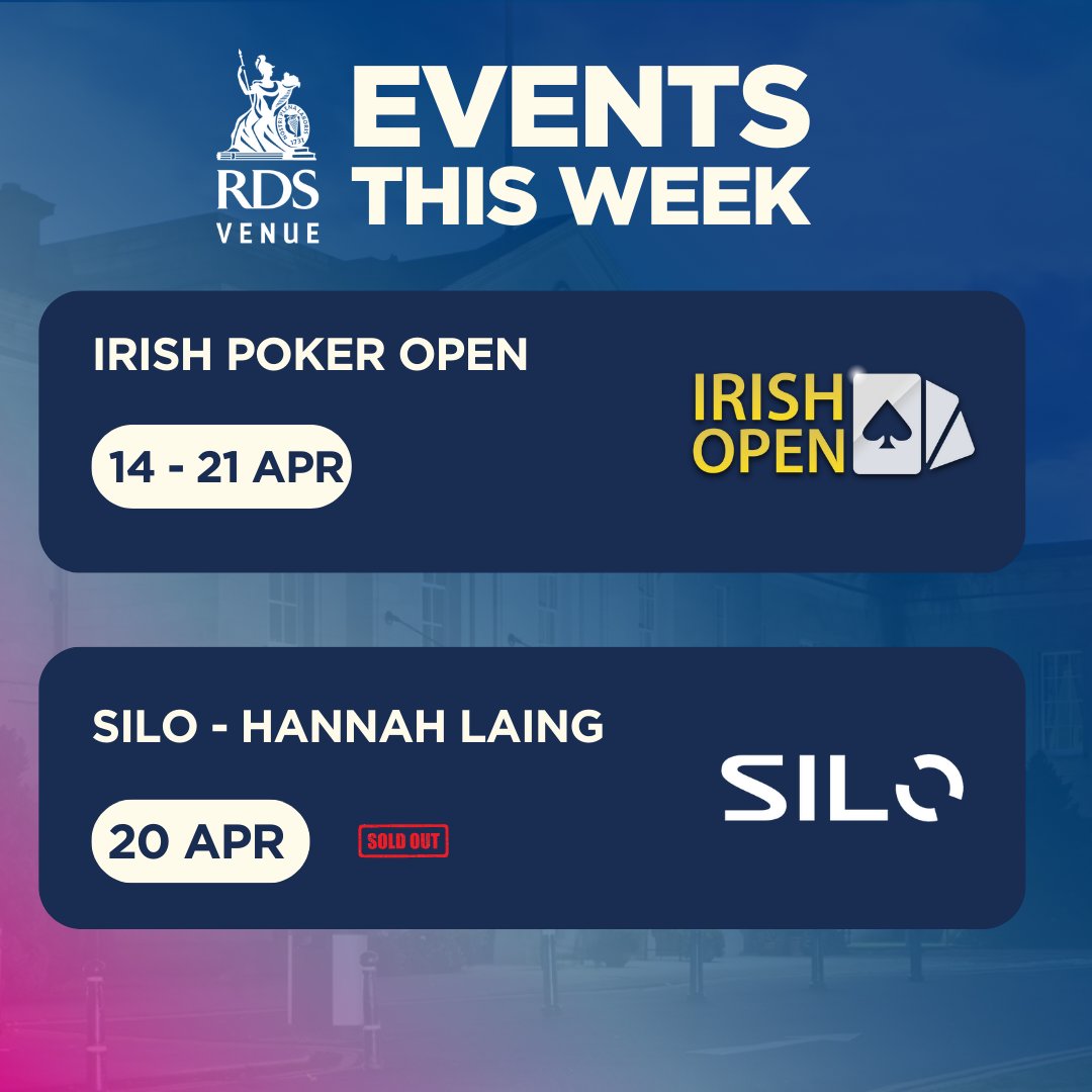 The RDS (@therds) on Twitter photo 🚨 Coming up this week at the RDS!
📅<a href="/Irish_PokerOpen/">Irish Open</a>, 14 – 21 April:🃏💰🤩
📅SILO Dublin – Hannah Laing, 20 April: 🎵🎚️🔊
For more information, visit the link in our bio! 🎟️ 🚨 Coming up this week at the RDS!
📅<a href="/Irish_PokerOpen/">Irish Open</a>, 14 – 21 April:🃏💰🤩
📅SILO Dublin – Hannah Laing, 20 April: 🎵🎚️🔊
For more information, visit the link in our bio! 🎟️