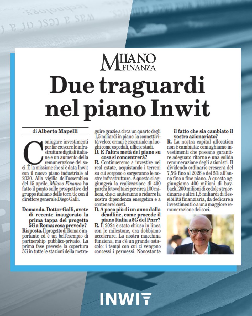 Con un piano da 1,5 miliardi di euro, l'obiettivo di #INWIT è crescere ancora, consolidare la leadership nel settore delle torri, delle coperture multioperatore per location indoor #DAS e delle #SmartCity e contribuire alla transizione digitale del #Paese.

🗣 “Il piano è