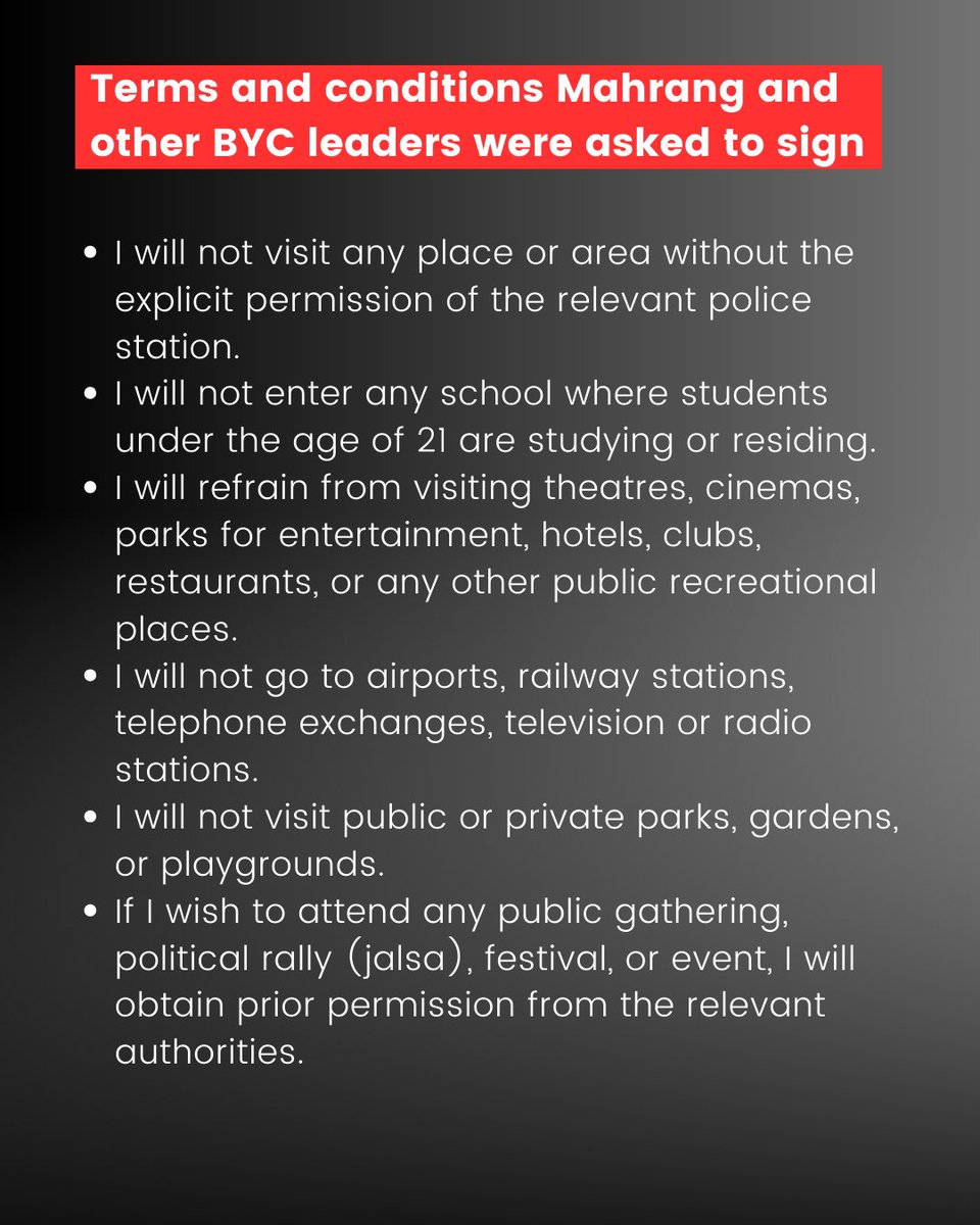 یہ وہ شرائط ہیں جن پر انٹیلی جنس ایجنسیاں ڈاکٹر ماہ رنگ بلوچ سے دستخط کروانا چاہتی ہیں۔ میں نے ان کا انگریزی میں رف ترجمہ کیا ہے۔ ان شرائط کی کوئی قانونی حیثیت نہیں لیکن یہ عملاً گھر میں نظربندی کے مترادف ہیں۔ یہی  وہوجہ ہے کہ 3MPO کیس کا فیصلہ نہیں سنایا جارہا۔