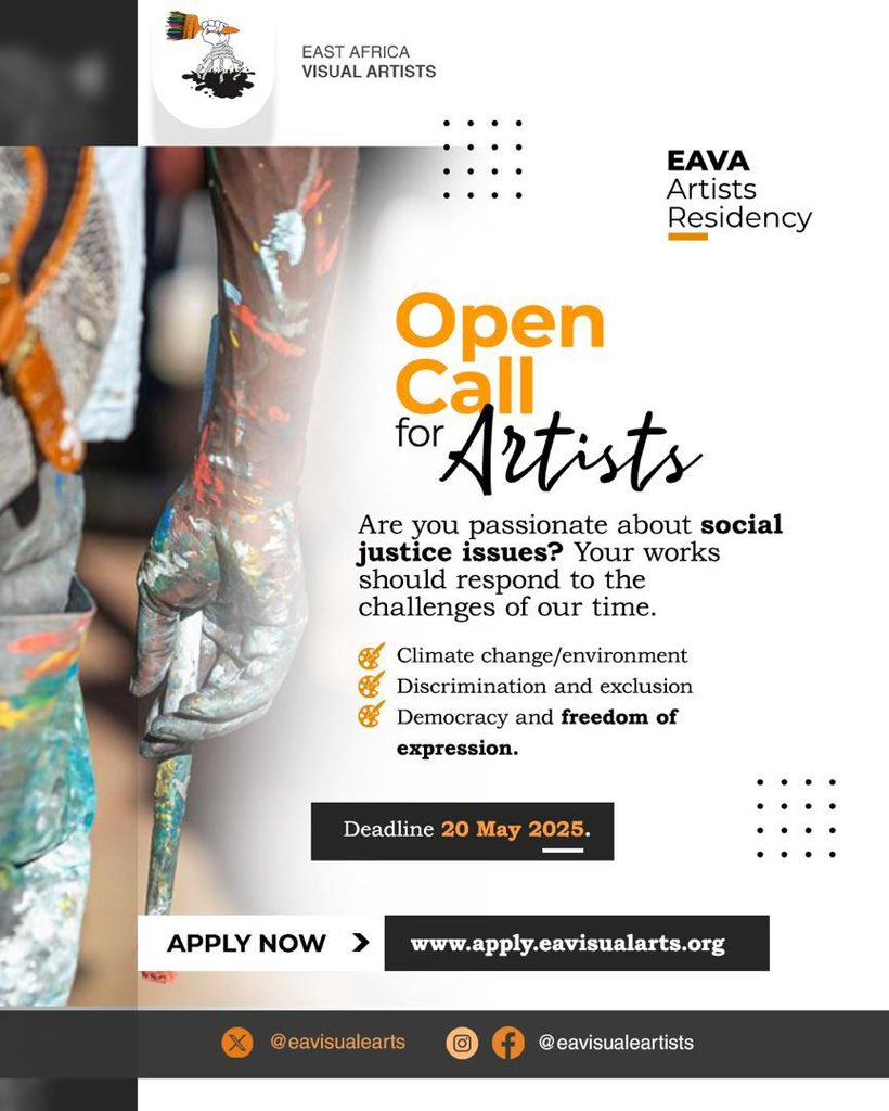 Calling all artists.

The EAVA Artists Residency is now open.

Are you using art to challenge injustice and spark change? 

We’re looking for bold, creative voices engaging with:
🖌️ Climate Change &amp; Environment
🖌️ Discrimination &amp; Exclusion
🖌️ Democracy &amp; Freedom of Expression