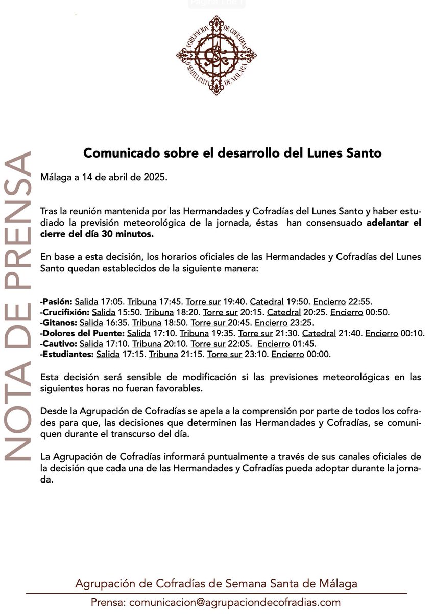 ‼️ Comunicado Oficial del Lunes Santo, que acuerda nuevos horarios para adelantar el cierre del día en 5 minutos
#CofradiasMLG