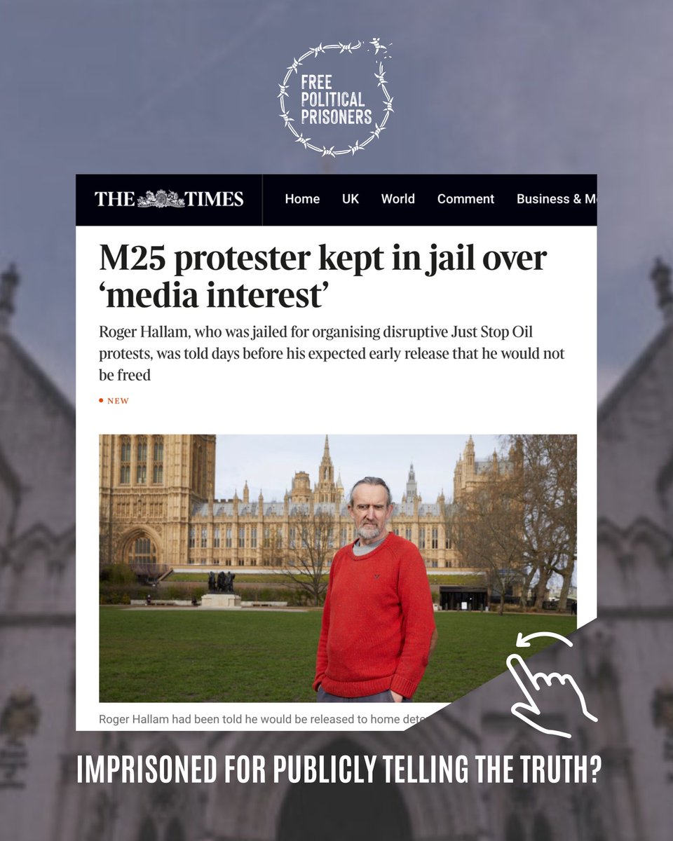 Defend our Juries (@defendourjuries) on Twitter photo Roger Hallam is being unlawfully held in prison after an appeal at the Royal Courts made him eligible for immediate release under house arrest.
All of his co-defendants have been released, but the probation service is blocking his freedom. 1/4
TIMES: thetimes.com/uk/crime/artic… Roger Hallam is being unlawfully held in prison after an appeal at the Royal Courts made him eligible for immediate release under house arrest.
All of his co-defendants have been released, but the probation service is blocking his freedom. 1/4
TIMES: thetimes.com/uk/crime/artic…