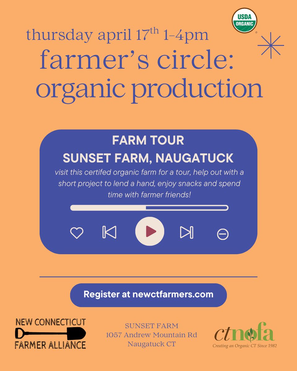 Join NCTFA's Organic Production Farmer's Circle for a farm tour of Sunset Farm.

Thursday April 17th 1-4pm
Sunset Farm - Naugatuck, CT

Visit for a tour, help out with short project to lend a hand, enjoy snacks and spend time with farmer friends! Sign up: docs.google.com/forms/d/1qsSPD…