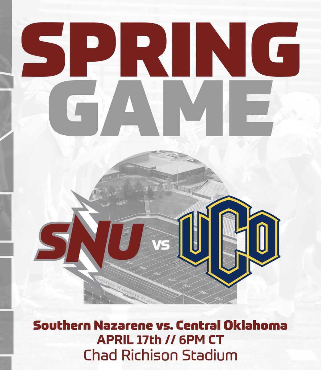 SNU Football (@snufootball) on Twitter photo Come support <a href="/SNUFootball/">SNU Football</a> this Thursday as we scrimmage Central Oklahoma!
๐ Edmond, OK
๐๏ธ Chad Richison Stadium
โฐ 6:00 PM Come support <a href="/SNUFootball/">SNU Football</a> this Thursday as we scrimmage Central Oklahoma!
๐ Edmond, OK
๐๏ธ Chad Richison Stadium
โฐ 6:00 PM