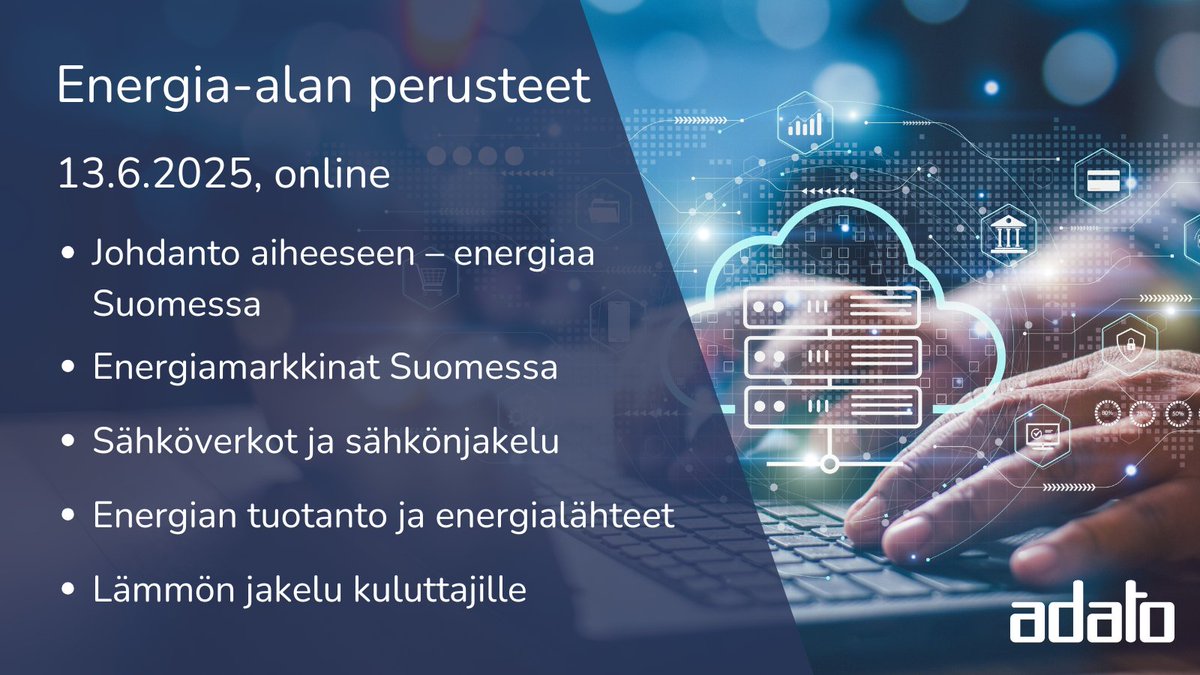 Energia-alan perusteet -koulutus tarjoaa kesätyöntekijöille ja alan uusille työntekijöille selkeän kokonaiskuvan eri tuotantomuodoista, alan terminologiasta sekä sähkön ja lämmön jakelusta.

Lisätietoa &amp; ilmoittautuminen👇
koulutuskalenteri.adato.fi/Default.aspx?t…

#energiaala #adatokouluttaa