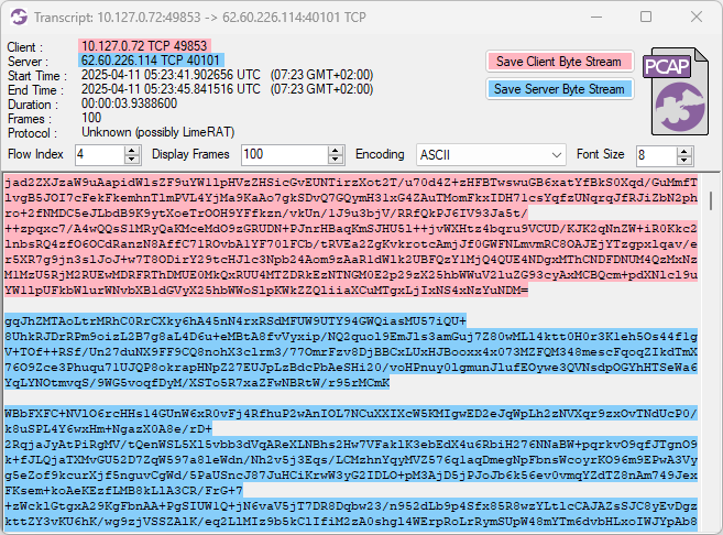 netresec's tweet photo. @RussianPanda9xx Thanks for that great writeup on StealC v2! In addition to the HTTP based C2 there seems to be another C2 that also uses base64, but directly over TCP (no HTTP). Any ideas what this could be and how to parse this data? https://t.co/9zcm0vmOcP
