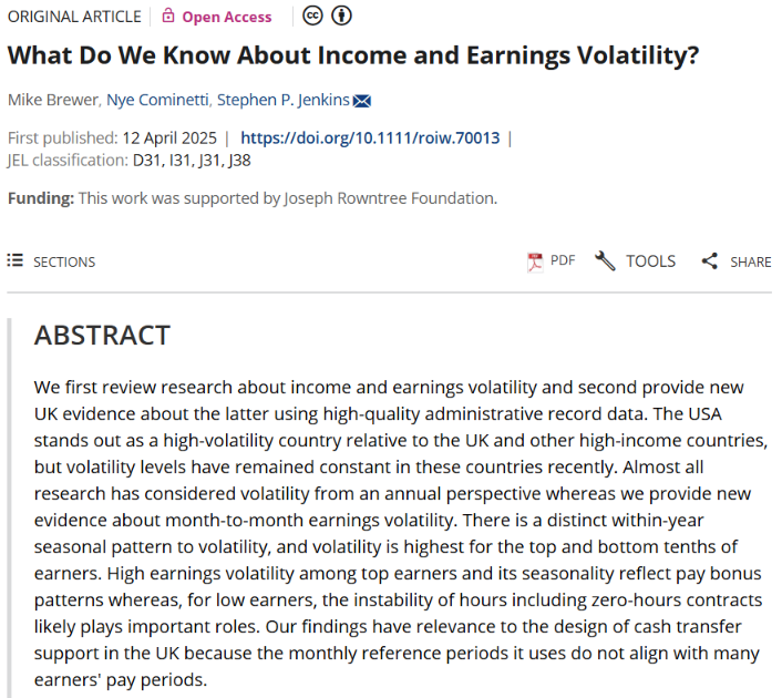 Stephen P. Jenkins (@stephenpjenkin1.bsky.social) (@stephenpjenkin1) on Twitter photo Hurrah: the write-up of my Ruggles Lecture (with <a href="/MikeBrewerEcon/">Mike Brewer</a> and @nyecominetti) now out in Review of Income and Wealth, Open Access at onlinelibrary.wiley.com/doi/10.1111/ro…. ICYMI: our Resolution Foundation report (“Unstable Pay”) is also a free download from resolutionfoundation.org/publications/u…. Hurrah: the write-up of my Ruggles Lecture (with <a href="/MikeBrewerEcon/">Mike Brewer</a> and @nyecominetti) now out in Review of Income and Wealth, Open Access at onlinelibrary.wiley.com/doi/10.1111/ro…. ICYMI: our Resolution Foundation report (“Unstable Pay”) is also a free download from resolutionfoundation.org/publications/u….